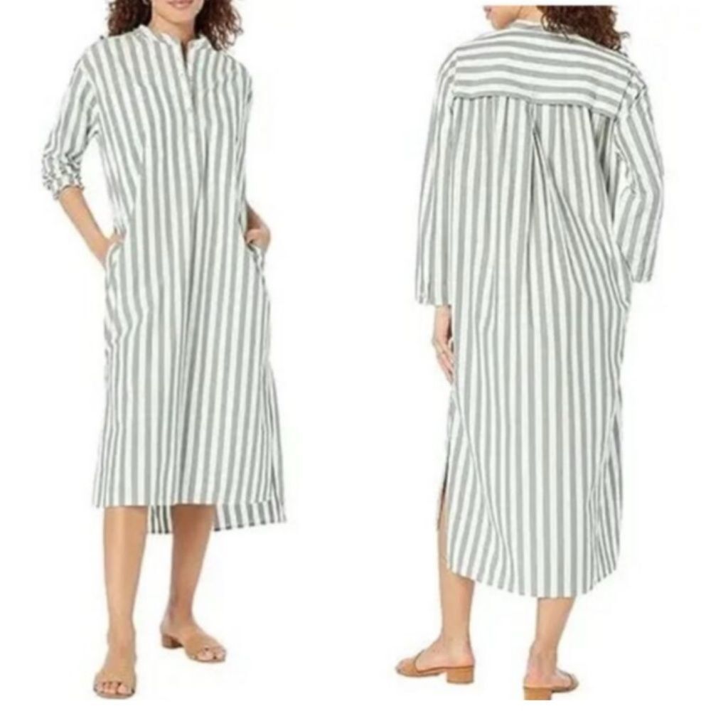 Madewell Poplin Oversized Midi Shirtdress in Green and White Stripe | XS